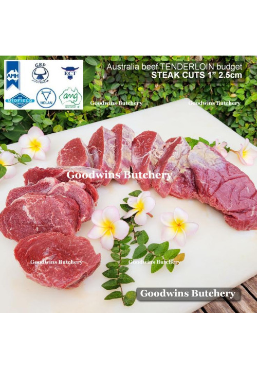Beef Eye Fillet Mignon Has Dalam TENDERLOIN "A" (budget) frozen Australia NOLAN steak 2.5cm 1" (price/pack 500g 3-4pcs)